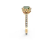 Halo Engagement Ring Setting for Fancy Green Asscher Cut Center with Openwork Halo, Pave Band and Prong Head in Yellow Gold