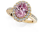 Pave Halo Engagement Ring Setting for Fancy Pink Oval Center with Single Row Pave Band and Prong Head in Yellow Gold