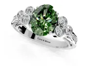 Cluster Engagement Ring Setting for Fancy Green Oval Center with Bezel Accent Clusters and Prong Head in White Gold