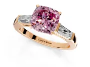 3 Stone Engagement Ring Setting for Fancy Pink Cushion Cut Center with Tapered Baguettes, Plain Band and Prong Head in Rose Gold