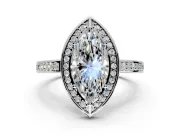 Halo Engagement Ring Setting for Marquise Center with Framed Halo, Pave Band and Prong Head in White Gold