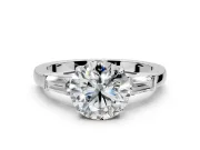 3 Stone Engagement Ring Setting for Round Cut Center with Baguette Accents and Prong Head in Sterling Silver