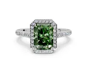 Halo Engagement Ring Setting for Fancy Green Radiant Cut Center with Pave Accents, Heart Basket and Prong Head in Platinum