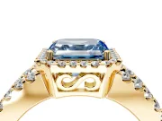 Halo Engagement Ring Setting for Fancy Blue Asscher Cut Center with Wide-Open Pave Split Shank and Prong Head in Yellow Gold