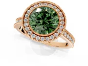 Halo Engagement Ring Setting for Fancy Green Round Cut Center with Milgrain Pave Band and Bezel Head in Rose Gold