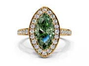 Bezel-Framed Halo Engagement Ring Setting for Fancy Green Marquise Center with Pave Band and Prong Head in Yellow Gold