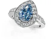 Bezel-Framed Halo Engagement Ring Setting for Fancy Blue Pear-Shaped Center with Pave Band and Prong Head in Platinum