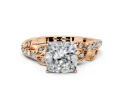 Leaf Motif Engagement Ring Setting for Cushion Cut Center with Pave Band and Prong Head in Rose Gold