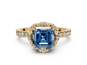Floral Halo Engagement Ring Setting for Fancy Blue Asscher Cut Center with Pave Band and Prong Head in Yellow Gold