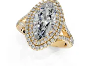 Double Halo Engagement Ring Setting for Marquise Center with Narrow Pave Split Shank and Prong Head in Yellow Gold