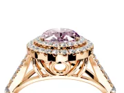 Double Halo Engagement Ring Setting for Fancy Pink Oval Center with Narrow Pave Split Shank and Prong Head in Rose Gold