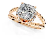 Halo Engagement Ring Setting for Cushion Cut Center with Rope Twist Split Shank and Prong Head in Rose Gold