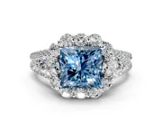 Halo Engagement Ring Setting for Fancy Blue Princess Cut Center with Two-Strand Split Shank and Prong Head in Platinum
