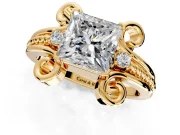Solitaire Engagement Ring Setting for Princess Cut Center with Twisted Band and Scroll Prong Head in Yellow Gold