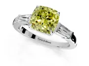3 Stone Engagement Ring Setting for Fancy Yellow Cushion Cut Center with Baguette Accents and Prong Head in Platinum