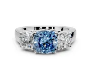 3 Stone Engagement Ring Setting for Fancy Blue Cushion Cut Center with Raised Basket Heads and Prong Head in Sterling Silver