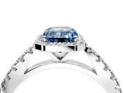 Halo Engagement Ring Setting for Fancy Blue Emerald Cut Center with Full Pave Band and Prong Head in Platinum