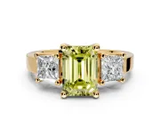 3 Stone Engagement Ring Setting for Fancy Yellow Emerald Cut Center with Matching Side Accents and Prong Head in Yellow Gold