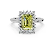 Starburst Halo Engagement Ring Setting for Fancy Yellow Emerald Cut Center with Thin Round-Wire Band and Prong Head in Platinum