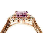 Milgrain Halo Engagement Ring Setting for Fancy Pink Radiant Cut Center with Bezel Point Accents and Prong Head in Rose Gold