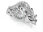 Halo Engagement Ring Setting for Oval Center with Leaf Motif Split Shank and Prong Head in Platinum