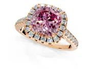 Halo Engagement Ring Setting for Fancy Pink Cushion Cut Center with Raised Halo, Pave Band and Prong Head in Rose Gold