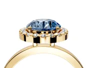 Halo Engagement Ring Setting for Fancy Blue Round Cut Center with Thin Plain Band and Prong Head in Yellow Gold