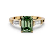 3 Stone Engagement Ring Setting for Fancy Green Emerald Cut Center with Channel Baguette Accents and Prong Head in Yellow Gold