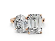 Oval and Emerald Cut Lab-Grown Diamond Toi et Moi Engagement Ring with Prong-Set Stones in Rose Gold