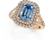 Double Halo Engagement Ring Setting for Fancy Blue Emerald Cut Center with Narrow Pave Split Shank and Prong Head in Rose Gold