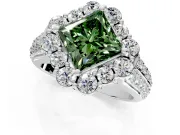 Large Accent Halo Engagement Ring Setting for Fancy Green Princess Cut Center with Pave Split Shank and Prong Head in Platinum