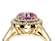 Double Halo Engagement Ring Setting for Fancy Pink Round Cut Center with Narrow Pave Split Shank and Prong Head in Yellow Gold