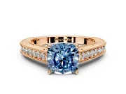 Solitaire Engagement Ring Setting for Fancy Blue Cushion Cut Center with Engraved Pave Band and Prong Head in Rose Gold