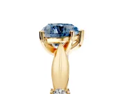 Solitaire Engagement Ring Setting for Fancy Blue Heart-Shaped Center with Carved Leaf Shoulders and Prong Head in Yellow Gold