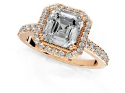 Halo Engagement Ring Setting for Asscher Cut Center with Inner Milgrain Border and Prong Head in Rose Gold