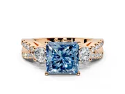 3 Stone Engagement Ring Setting for Fancy Blue Princess Cut Center with Pave Split Shank and Prong Head in Rose Gold