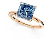 Hidden Halo Engagement Ring Setting for Fancy Blue Princess Cut Center with Thin Rounded Band and Prong Head in Rose Gold