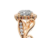 Halo Engagement Ring Setting for Cushion Cut Center with Leaf Motif Split Shank and Prong Head in Rose Gold