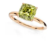 Hidden Halo Engagement Ring Setting for Fancy Yellow Cushion Cut Center with Thin Rounded Band and Prong Head in Rose Gold