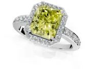 Halo Engagement Ring Setting for Fancy Yellow Radiant Cut Center with Heart-Shaped Openwork, Pave Band and Prong Head in White Gold