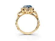 Halo Engagement Ring Setting for Fancy Blue Heart-Shaped Center with Open Scroll Shoulders and Prong Head in Yellow Gold