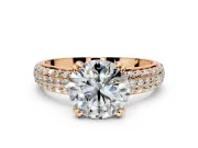 Solitaire Engagement Ring Setting for Round Cut Center with Multi-Row Pave Accents and Basket Head in Rose Gold