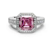 Milgrain Halo Engagement Ring Setting for Fancy Pink Asscher Cut Center with Pave Band and Prong Head in White Gold