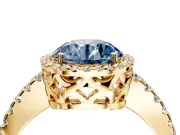 Accent Halo Engagement Ring Setting for Fancy Blue Round Cut Center with Full-Length Pave Band and Prong Head in Yellow Gold