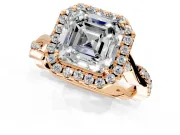 Halo Engagement Ring Setting for Asscher Cut Center with Twist Band and Prong Head in Rose Gold