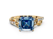 Leaf Motif Engagement Ring Setting for Fancy Blue Asscher Cut Center with Pave Band and Prong Head in Yellow Gold
