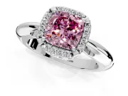 Halo Engagement Ring Setting for Fancy Pink Cushion Cut Center with Tapered Plain Band and Prong Head in White Gold