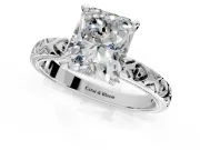 Solitaire Engagement Ring Setting for Radiant Cut Center with XO Engraved Band and Prong Head in Platinum