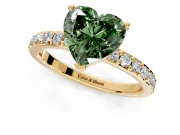 Solitaire Engagement Ring Setting for Fancy Green Heart-Shaped Center with Round Cut Pave Band and Prong Head in Yellow Gold