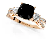 3 Stone Engagement Ring Setting for Fancy Black Cushion Cut Center with Pave Split Shank and Prong Head in Rose Gold